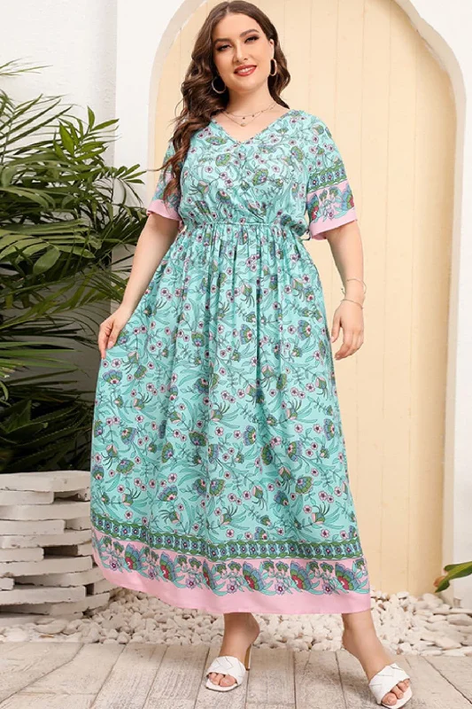 Plus Size Bohemian V-Neck Short Sleeve Maxi Dress Elegant Boho Maxi Dress