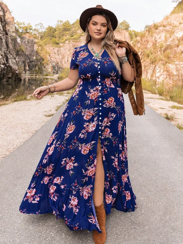 PLUS SIZE Evan Maxi Dress - Blue Elegant Floral Maxi Dress