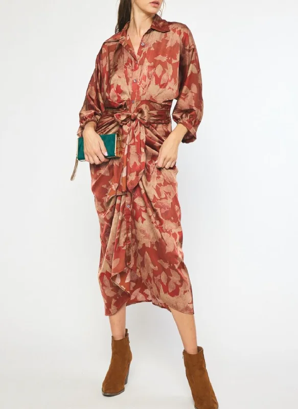 Printed 3/4 Sleeve Button-Down Maxi Dress with Self-Tie Detail at Waist Chic Sleeveless Maxi Dress