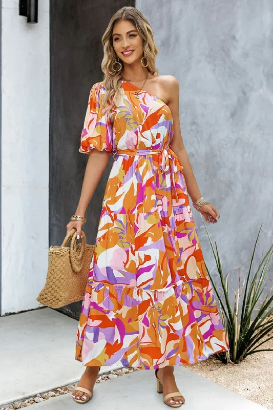 Printed One-Shoulder Tie Belt Maxi Dress Stylish Button-Up Maxi Dress