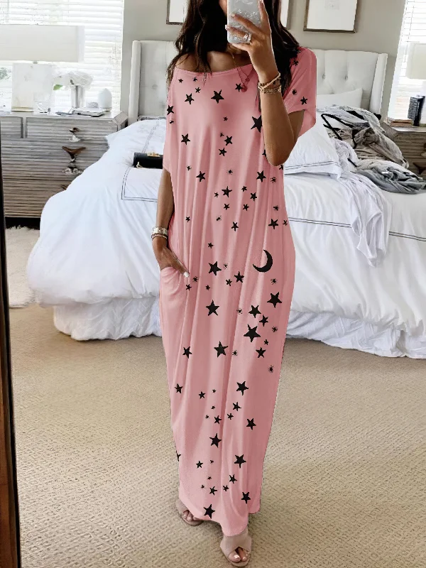 Relaxed Star Print Maxi Dress Cozy Cold-Shoulder Maxi Dress