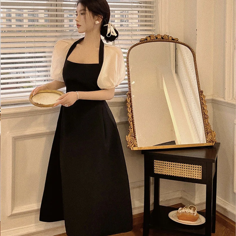 Retro Black Dress Summer Fashion Square Collar Backless Women Dresses Elegant French Puff Sleeve Women's Maxi Dress Sundress New Classic Black Maxi Dress