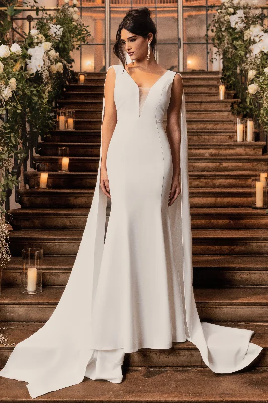 Rosaline | White Plunging Fishtail Maxi Dress With Cape Elegant Maxi Dress with Slit