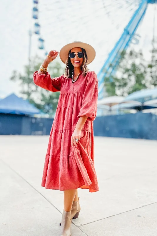 Rose Textured Long Sleeve Collar Split Neck Tiered Maxi Dress Chic Summer Maxi Dress