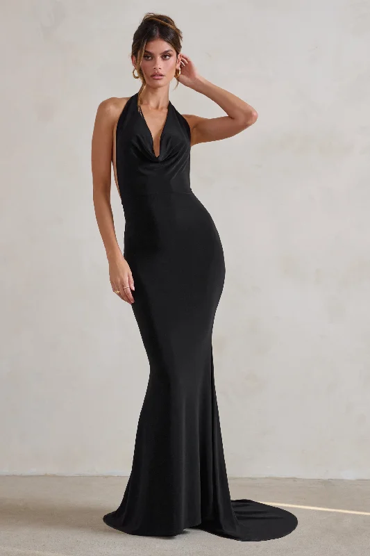 Saffina | Black Cowl Neck Low Back Maxi Dress Comfortable Maxi Dress with Sleeves