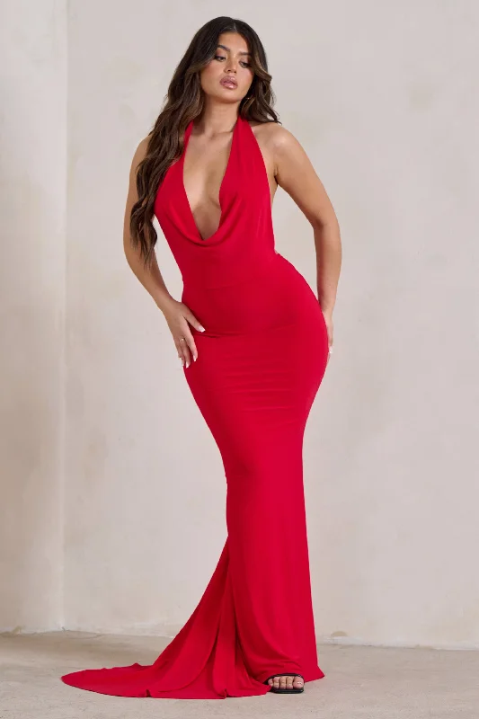 Saffina | Red Cowl Neck Low Back Maxi Dress Fashionable Off-Shoulder Maxi Dress