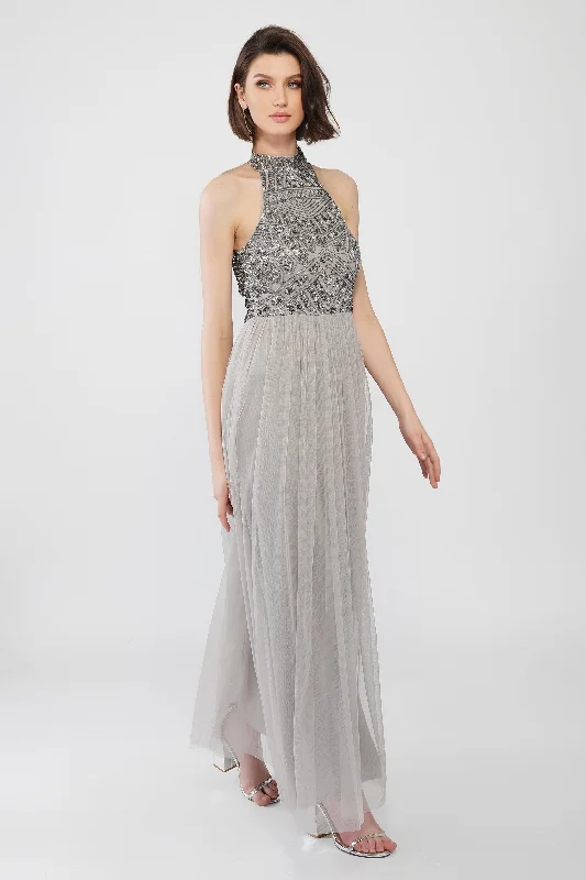 Sareen Grey Embellished Maxi Dress Elegant Maxi Dress with Slit