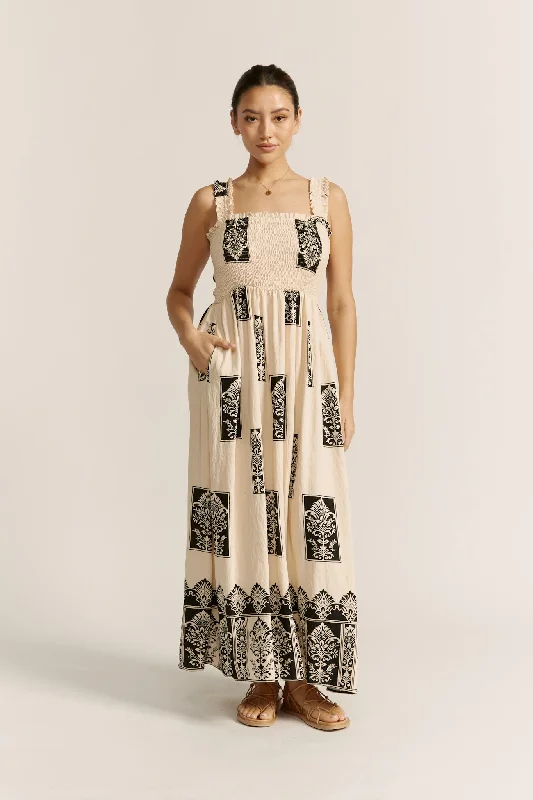 Selene Beige Abstract Square Neck Maxi Dress Fashionable Sleeveless Maxi Dress