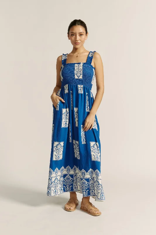 Selina Blue Abstract Square Neck Maxi Dress Comfortable Plunging Neckline Maxi Dress