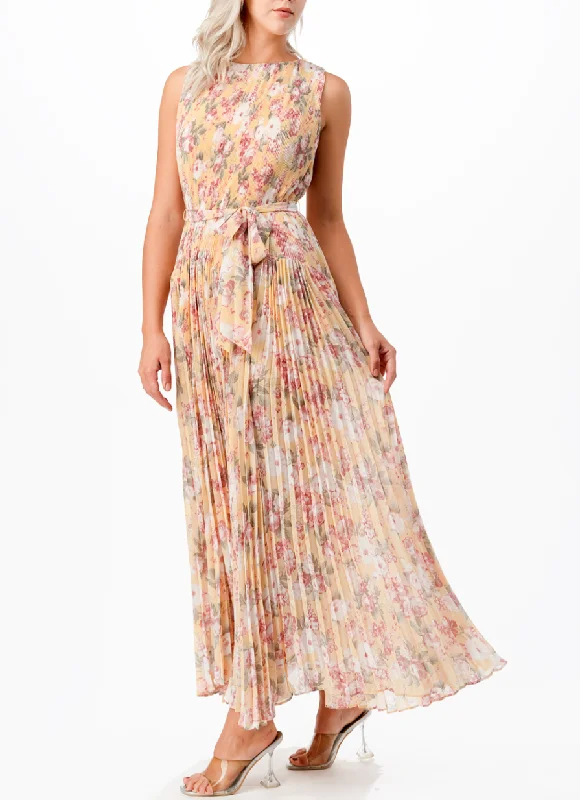 Sleeveless Floral Print Pleated Ruffle Maxi Dress with Waist Tie Elegant Maxi Dress with Slit