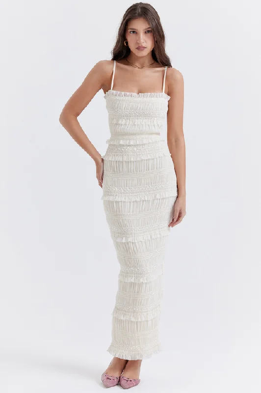 Solana Ivory Sequin Pleat Maxi Dress Fashionable Maxi Dress with Fringe