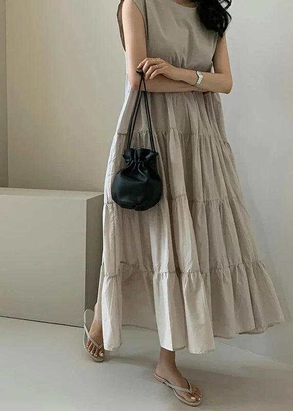 Solid Color Sleeveless V-neck Pleated Layered Lace Up Daily Casual Maxi Dress Apricot Fashionable Asymmetrical Maxi Dress