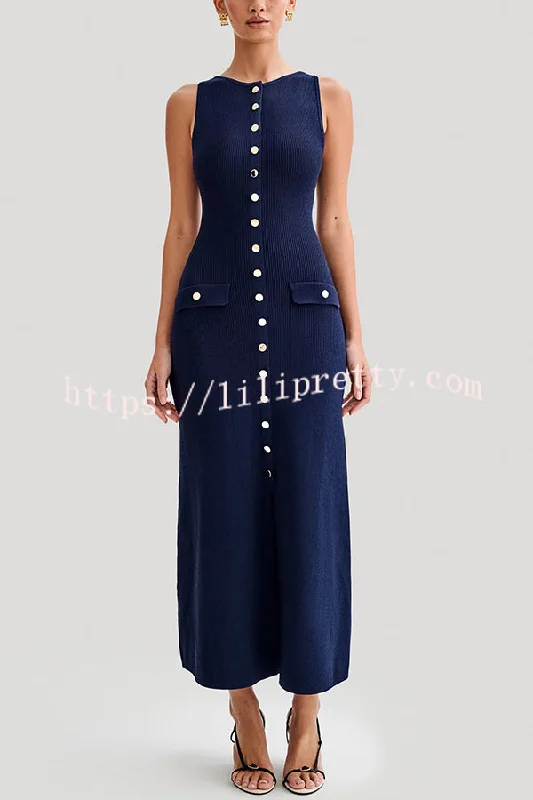 Solid Color Slim Fit Crew Neck Button Up Sleeveless Knitted Maxi Dress Elegant Maxi Dress with Lace