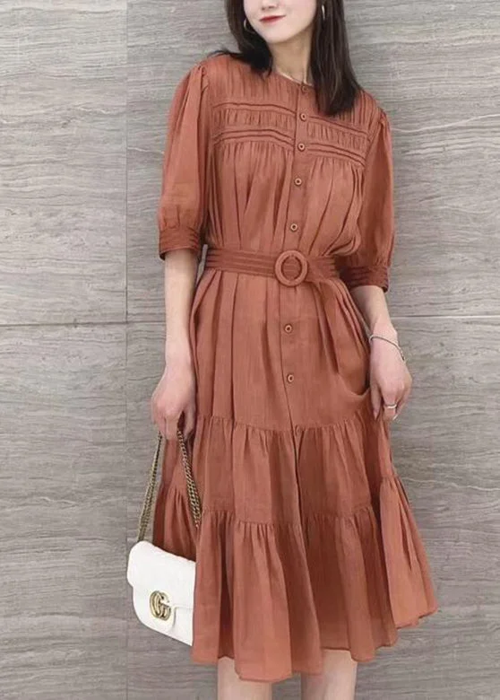 Solid Color Stand Collar Puff Sleeve Belted Pleated Shirt Maxi Dress Orange Classic Tulle Maxi Dress