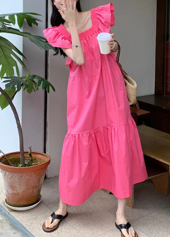 Solid Ruffle Backless Square Collar Casual Maxi Dress Pink Elegant Sleeveless Maxi Dress