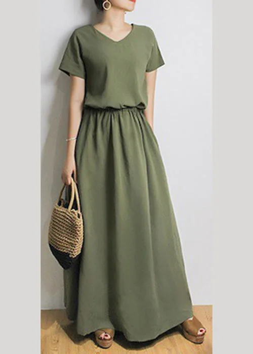 Solid Sash Elastic Waist Short Sleeve Casual Maxi Dress Green Comfortable Long-Sleeve Maxi Dress