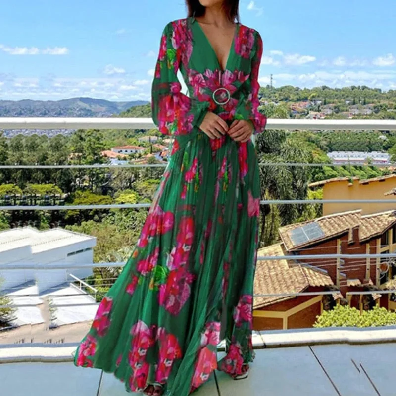 Spring Vintage Floral Print Pleated Maxi Dress Women V Neck Long Sleeve Bohemian Dress Fashion Chiffon Waist Holiday Dress Stylish Maxi Dress with Frills