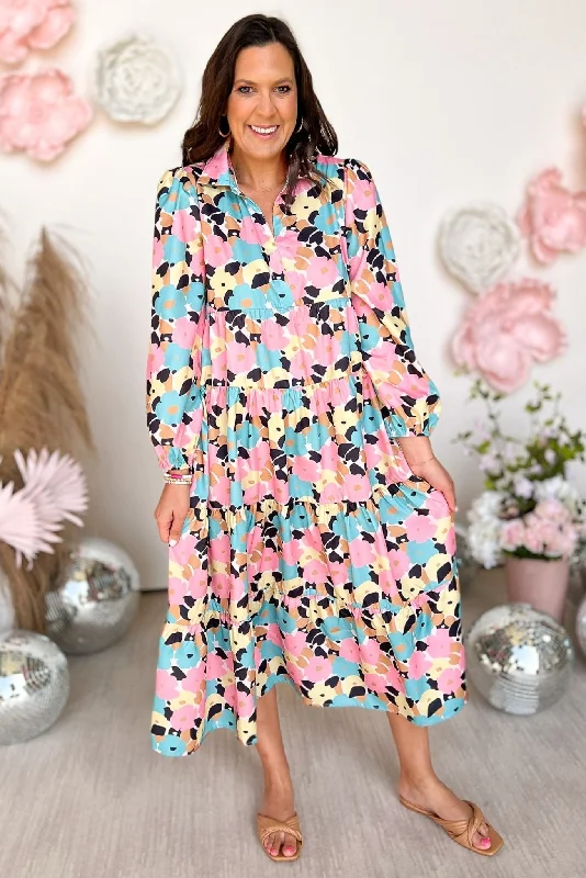 SSYS Pastel Abstract Floral Print Long Sleeve Collared Maxi Dress Fashionable Printed Maxi Dress