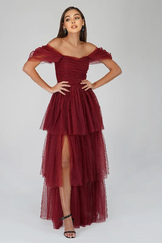 Sydney Burgundy Tulle Maxi Dress Fashionable Halter Neck Maxi Dress