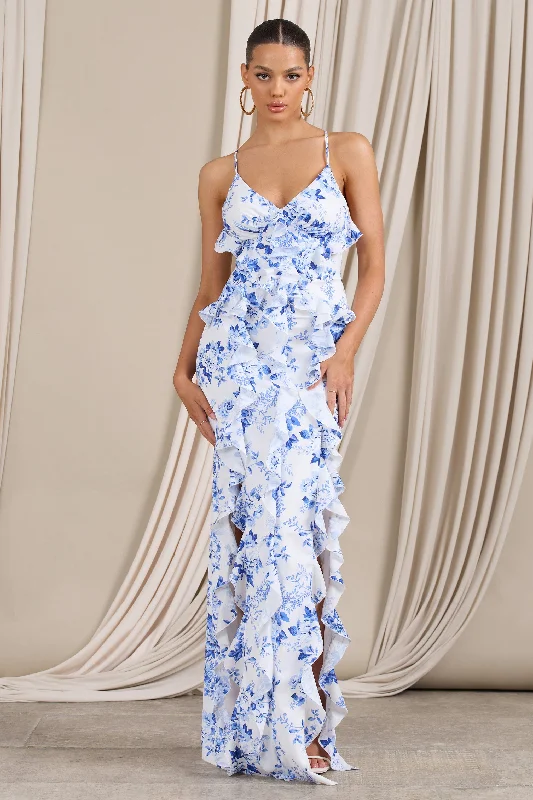 Syrah | Blue Floral Ruffled Strappy Maxi Dress Fashionable High-Waist Maxi Dress