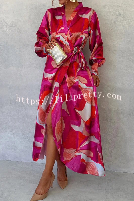 Unique Printed Long Sleeve V-neck Tie-up Waist Slit Maxi Dress Comfortable Bohemian Maxi Dress