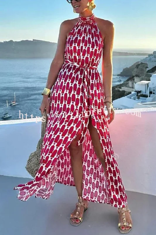 Unique Printed Sleeveless Halterneck Tie-waist Slit Maxi Dress Comfortable Maxi Dress with Slits