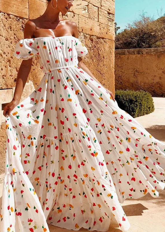 Women Elastic Square Collar Floral Print Holiday Casual Floor Maxi Dress With Belt White Trendy A-Line Maxi Dress