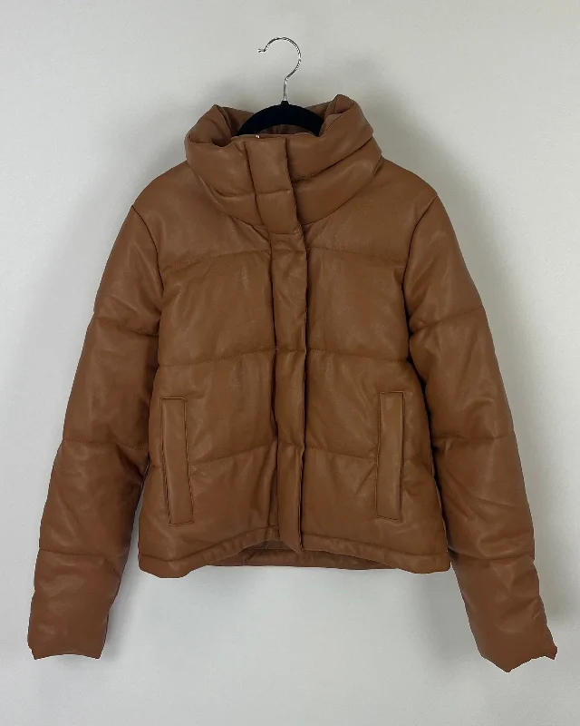 Abercrombie & Fitch Brown Leather Puffer Jacket - Small Cotton Fabric Linen Fabric Terry Fabric