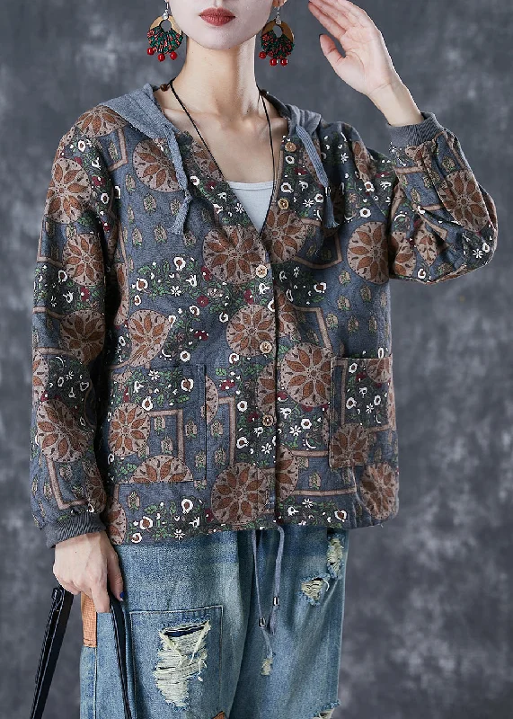 Blue Grey Patchwork Cotton Jackets Hooded Print Fall Satin Jacket Silk Jacket Chiffon Jacket