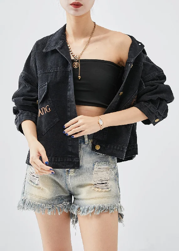 Boutique Black Embroideried Letter Butterfly Denim Jacket Fall Zip Front Button Front Snap Front