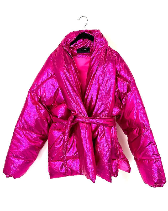 Akira Bright Metallic Pink Puffer Jacket - Size 6/8 Elasticated Jacket Padded Jacket Insulated Jacket