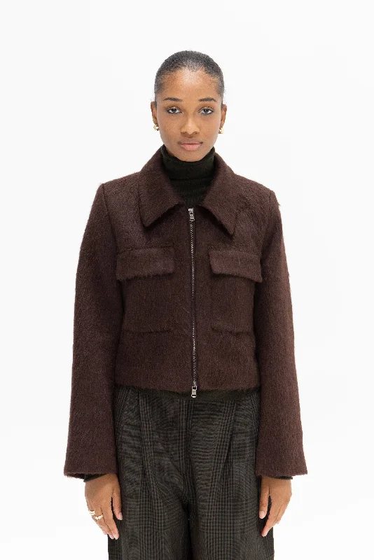 Jendayi Faux Fur Jacket, Dark Chocolate Cotton Fabric Linen Fabric Terry Fabric