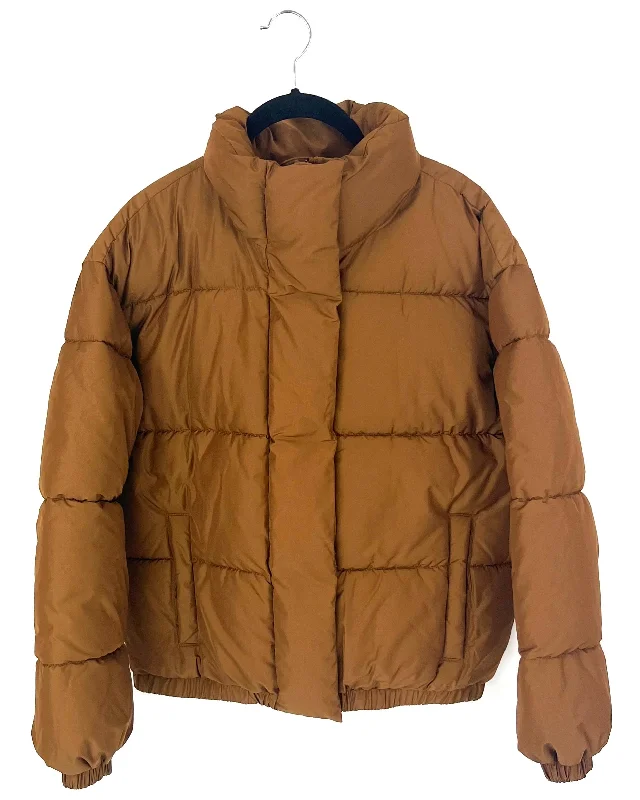 Daily Ritual Brown Puffer Jacket - Small V-Neck Jacket Boat Neck Jacket Square Neck Jacket