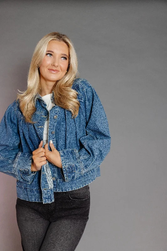 Daphne Pleated Denim Jacket A-Line Jacket Boat Neck Shawl Collar