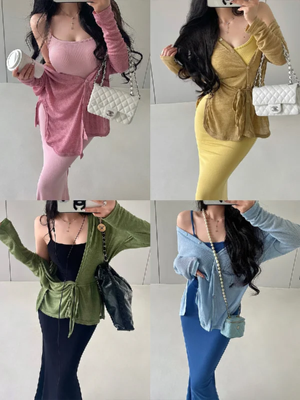 Elice Solid Color V-neck Loose Lace Tucked Waist Single-Breasted Cardigan Jacket Nylon Jacket Polyester Jacket Spandex Jacket