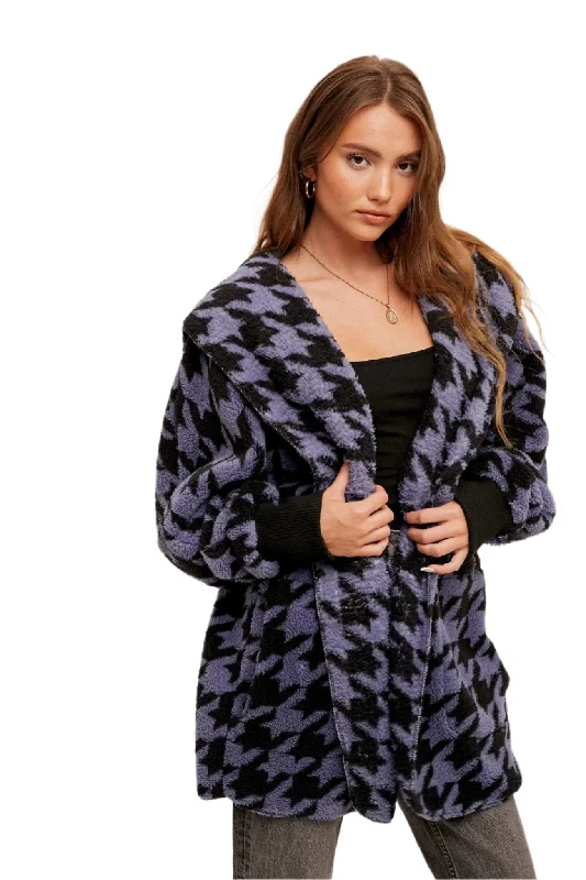 Hem & Thread Houndstooth Print Fur Open Jacket 31719K Zippered Jacket Buttoned Jacket Snapped Jacket