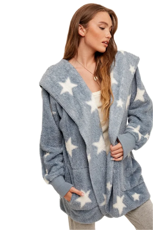 Hem & Thread Star Print Fuzzy Hooded Jacket 8431W Oversized Jacket Tailored Jacket Straight Jacket