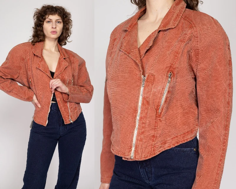 Large 80s Burnt Orange Denim Moto Jacket Cotton Jacket Linen Jacket Terry Jacket