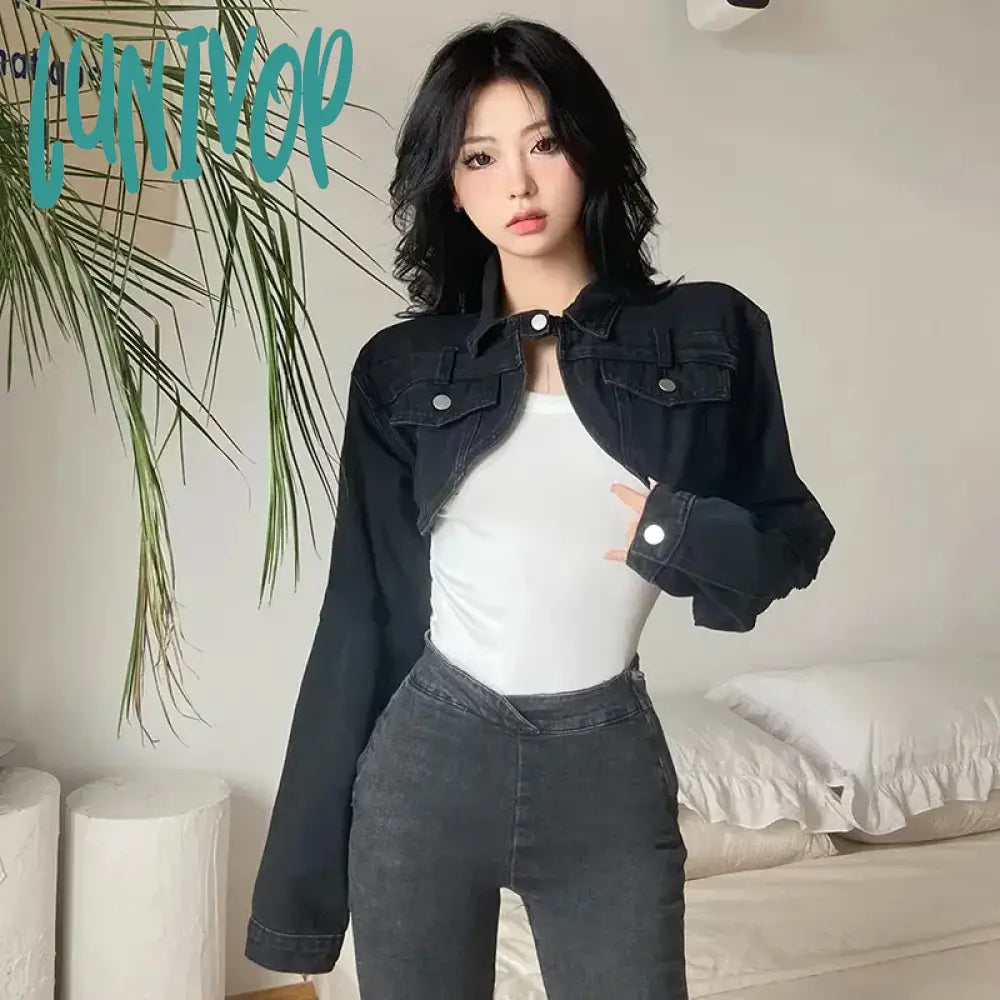 Lunivop Cropped Denim Jackets Women Y2K Slim Jeans Short Outwear Bf Streetwear Harajuku Vintage Korean Single Button Casual Coats Trench Coat Raincoat Waterproof Jacket