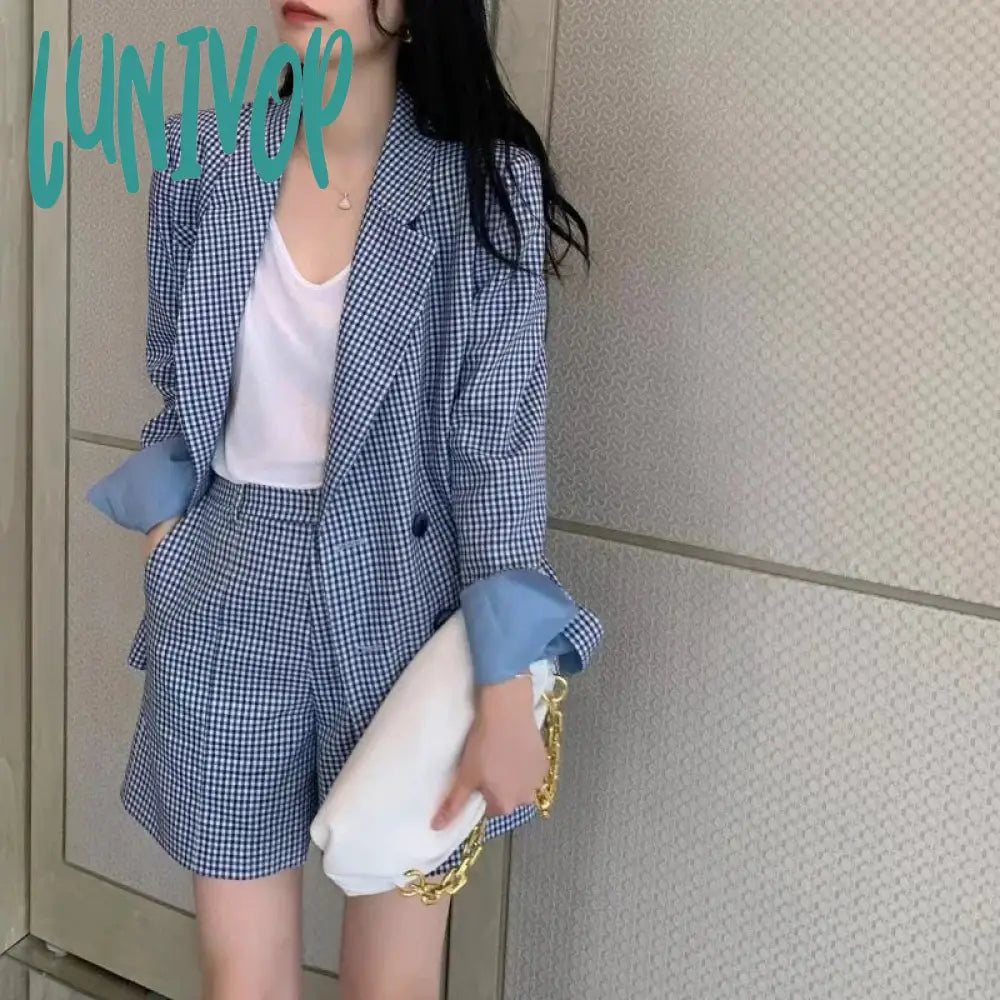 Lunivop Korean Fashion Two Pieces Blazer and Shorts Set for Women Long Sleeve Blue Plaid Jacket Office Lady Casual 2 Pieces Spring Cotton Jacket Linen Jacket Terry Jacket