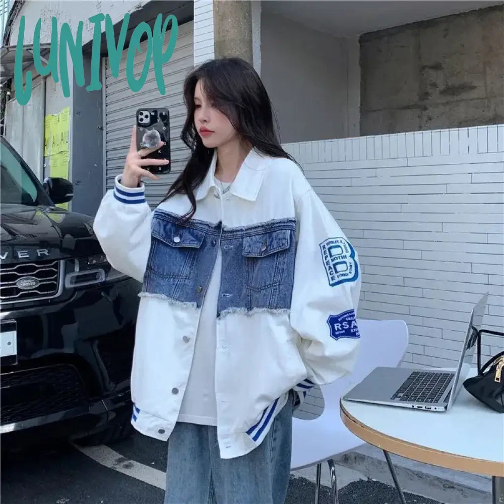 Lunivop Streetwear Bomber Jacket Women Y2K Oversized Denim Patchwork Baseball Coat Vintage Korean Letter Print Casual Outerwear Front Pockets Side Pockets Patch Pockets