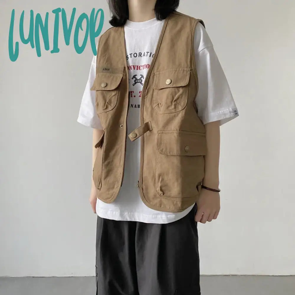 Lunivop Streetwear Cargo Vests Women Button Pocket Sleeveless Loose Jacket Bf Hip Hop Vintage V Neck Chic Casual Tops Thin Coat Satin Jacket Silk Jacket Chiffon Jacket