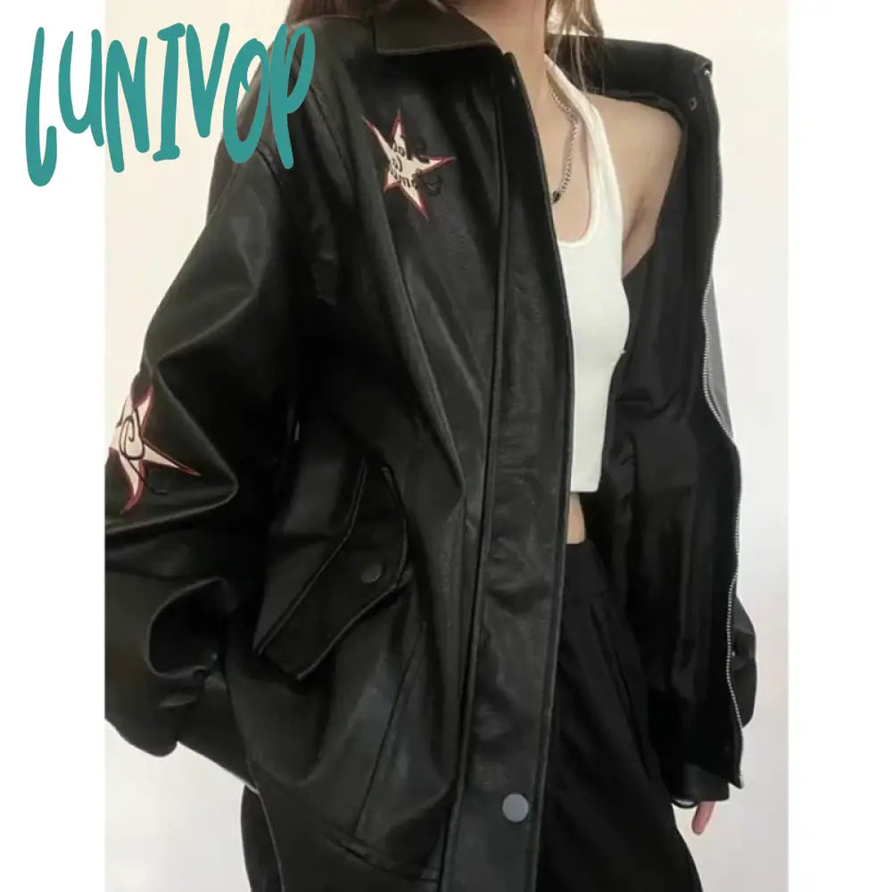 Lunivop Streetwear Pu Leather Jackets Women Oversized Embroidery Coat Harajuku Vintage Turn Down Collar Loose Casual Outwear Tops Welt Pockets Slit Pockets Flap Pockets