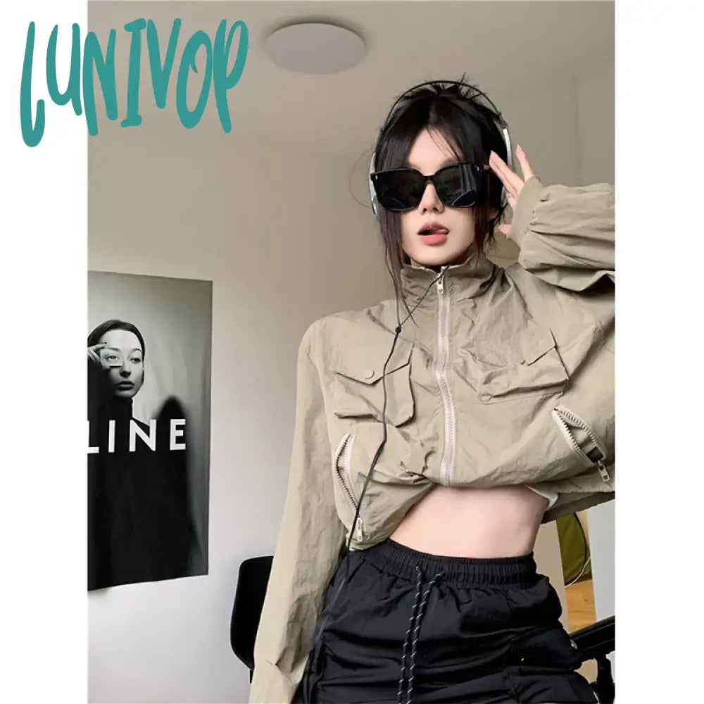 Lunivop Streetwear Y2K Cropped Jackets Women Oversized Sun-Proof Coat Harajuku Vintage Korean Casual Sunscreen Short Outwear Tops Herringbone Jacket Checkered Jacket Solid Jacket