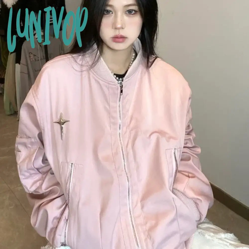 Lunivop Vintage Bomber Jacket Women Oversized Harajuku Fashion Streetwear Star Girl Y2k Pink Baseball Jackets Korean Outdoor Tailored Jacket Straight Jacket A-Line Jacket