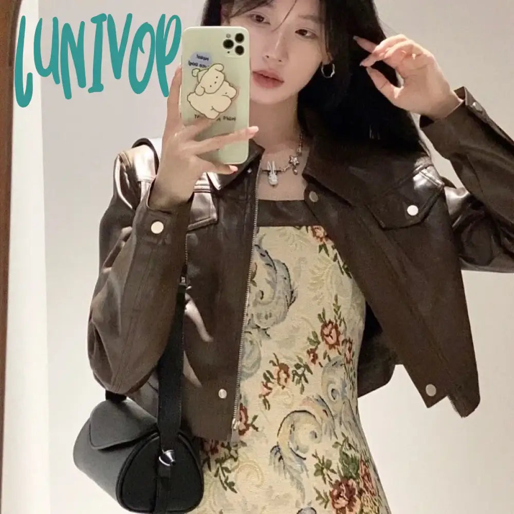 Lunivop Vintage Crop Brown Leather Jacket Women Korean Style Streetwear Fashion Short Motorcycle Jackets Harajuku Chic Elegant Herringbone Jacket Checkered Jacket Solid Jacket