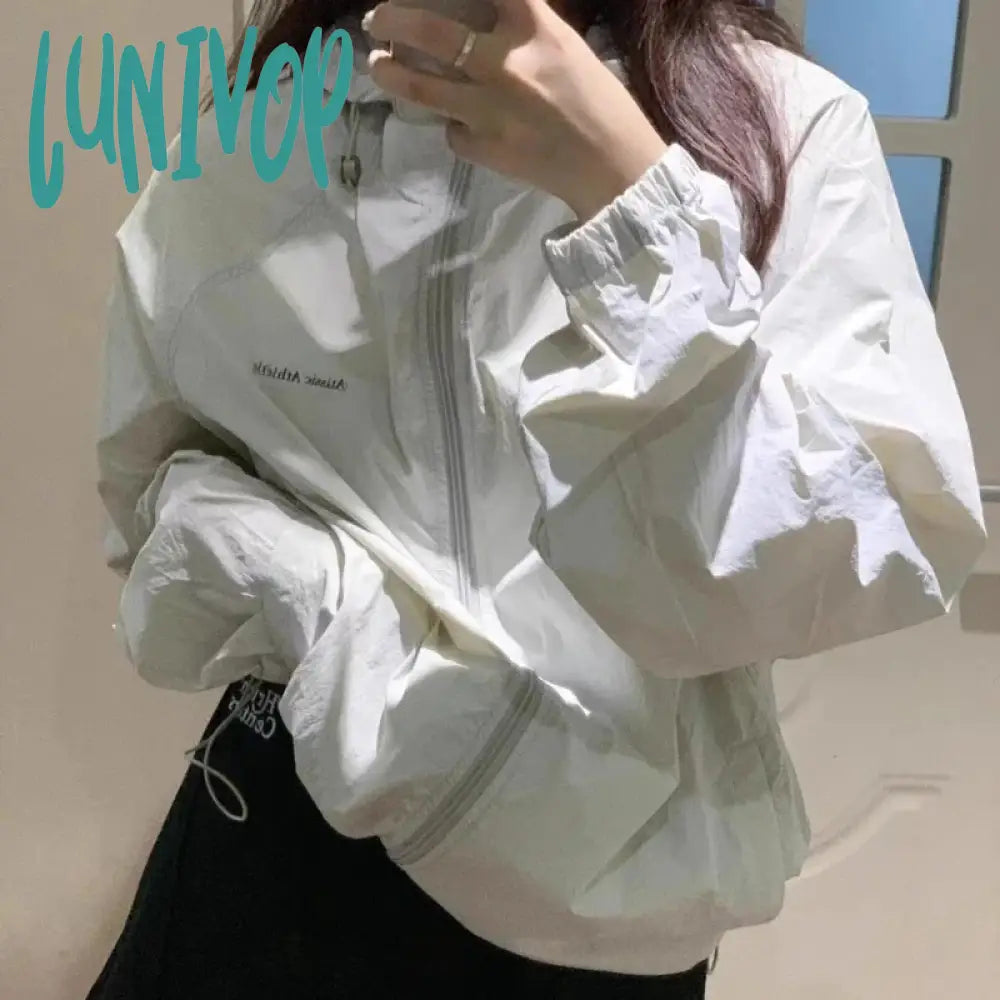 Lunivop Vintage Cropped Windbreakers Jacket Women Korean Fashion Summer Preppy Style Jackets Harajuku Coats Japanese 2000s Tops Mesh Jacket Canvas Jacket Denim Jacket