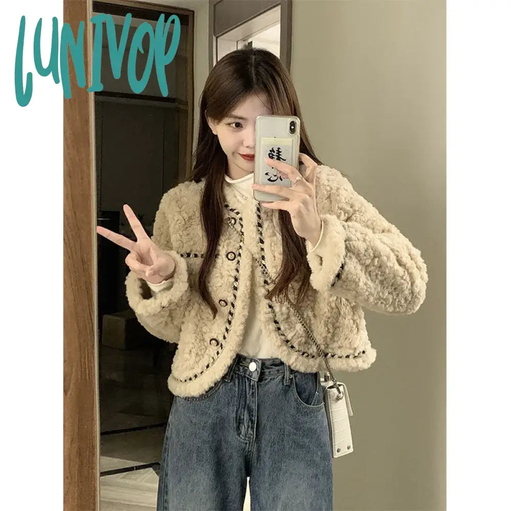 Lunivop Vintage Lamb Wool Coats Women Elegant Cropped Faux Fur Quilted Jacket Winter Ladies Korean Thicken Warm Short Outwear New Notch Collar Peter Pan Collar Cowl Neck