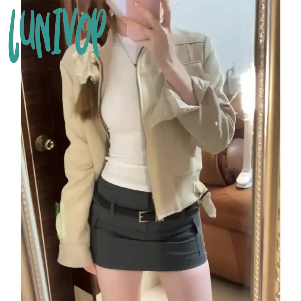 Lunivop Vintage Y2k Suede Jacket Women Korean Fashion Streetwear Crop Bomber Jackets Japanese 2000s Style College Spring Coat One-Shoulder Jacket Off-the-Shoulder Jacket Asymmetrical Jacket