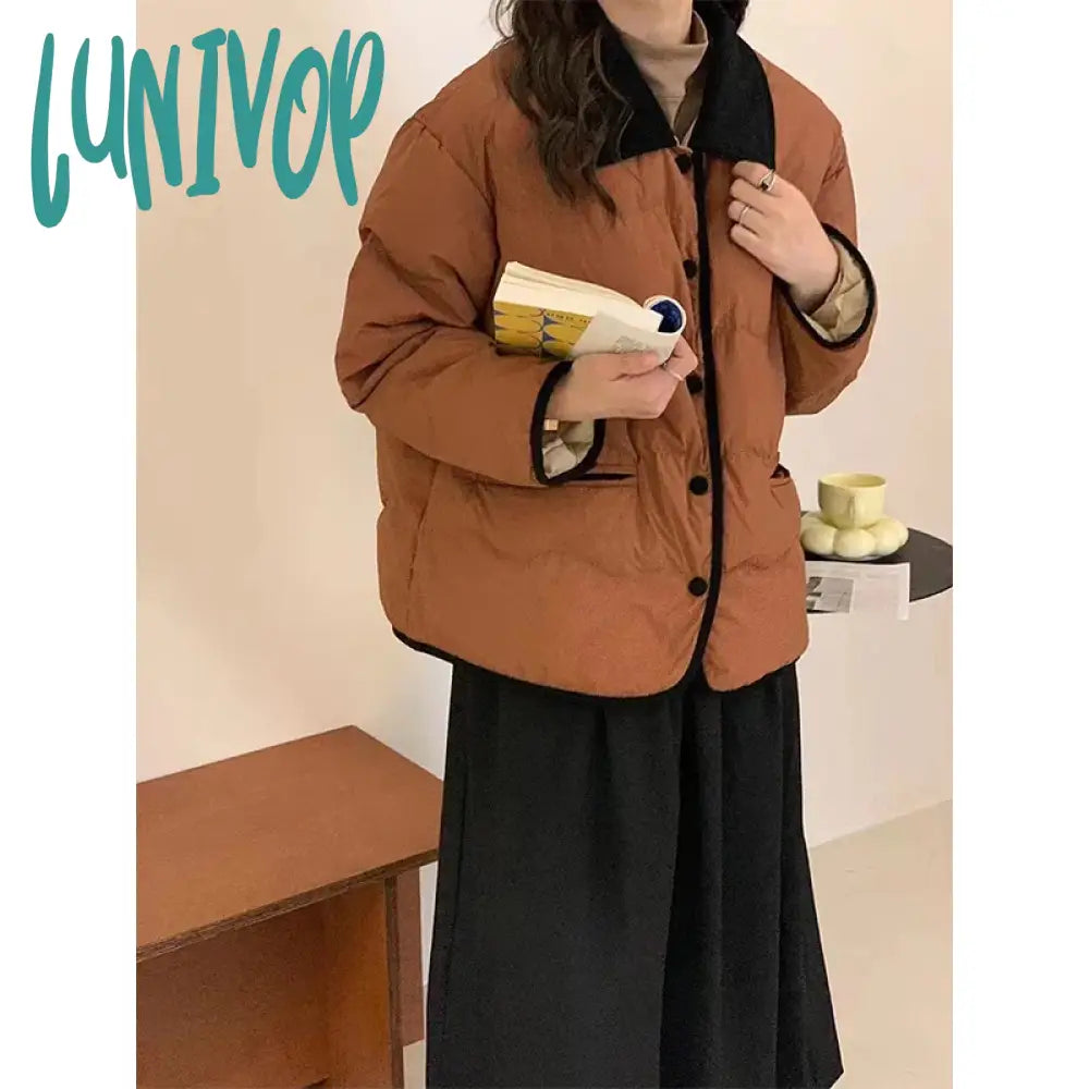 Lunivop Winter Parkas Women Corduroy Patchwork Down Coats Korean Black White Puffer Jacket Ladies Elegant Cotton Padded Outwears Stand-Up Collar Roll-Neck Collar Turtle Neck